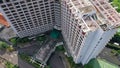 Multi-storey multi-entrance residential buildings of different levels. View from a height to a multistorey building in