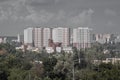 Multi-storey residential skyscrapers on a cloudy summer day, aerial view