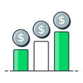 A multi tier savings icon with three bars and a dollar sign above each, representing savings goals, financial planning, and