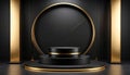 Dramatic black and gold podium with large circular backdrop and tall pillars display Royalty Free Stock Photo