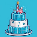 multi-tiered cake with burning candle for birthday party on blue background. Cute illustration