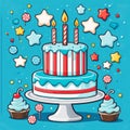 multi-tiered cake with burning candles for birthday party on blue background. Candy bar with cupcakes, stars. Cute illustration