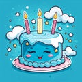 cake with happy face, candles on top for birthday party, stars and clouds on blue background. Cute illustration.