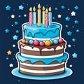 multi-tiered cake with burning candles on top for birthday party, stars on blue background. Cute illustration.