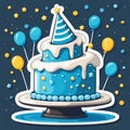 multi-tiered cake with cone on top for birthday party, stars and balloons on blue background. Cute illustration.
