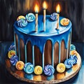 chocolate cake with blue icing, candies, burning candles on top for birthday party on dark background. Watercolor illustration.