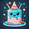 cake with happy face, candies and hat on top for birthday party, stars on blue background. Cute illustration