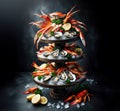 Multi-tiered dish with seafood appetizers on ice