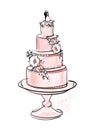 Multi-tiered wedding cake on a stand decorated with roses with a topper of bride and groom figurines. Modern sketch with Royalty Free Stock Photo