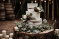 Multi-tiered white wedding cake decorated with flowers and green eucalyptus leaves on a wooden table Royalty Free Stock Photo