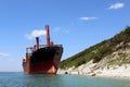 a multi-ton large ship is stuck on the seashore