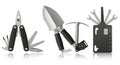 Multi tool camping shovel ice axe credit card tool set survival equipment Royalty Free Stock Photo