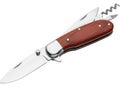 A versatile folding pocket knife with a wooden handle and multiple tools including a blade and corkscrew Royalty Free Stock Photo