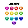 Multi Vitamin complex icons set. Multivitamin supplement, Vitamin A,B1, B2, B3, B5, B6, B9, B12, C, D, E, K, vector illustration.