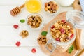 Multicereal homemade organic granola with a mixture of nuts, dried cherries, honey, cinnamon  and yogurt Royalty Free Stock Photo