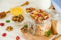 Multicereal homemade organic granola with a mixture of nuts, dried cherries, honey, cinnamon  and yogurt Royalty Free Stock Photo