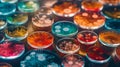 Multicolor bacteria and virus cells in petri dish at scientific laboratory. Mold culture PDA agar. Experimental for biochemistry, Royalty Free Stock Photo