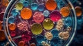 Multicolor bacteria and virus cells in petri dish at scientific laboratory. Mold culture PDA agar. Generative AI Royalty Free Stock Photo