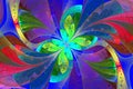 Multicolor beautiful fractal flower on blue background. Computer generated graphics