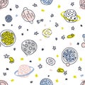 Multicolor bright seamless pattern of planets and stars in space. Design for T-shirt, textile and prints.