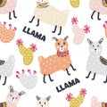 Multicolor bright summer seamless pattern of lamas, cactuses and text LLAMA. Design for T-shirt, textile and prints.