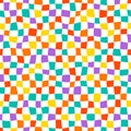 Multicolor checkerboard seamless pattern Groovy psychedelic wavy chessboard. Hippie twisted gingham checkerboard