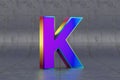 Multicolor 3d letter K uppercase. Glossy iridescent letter on tile background. 3d rendered font character. Royalty Free Stock Photo