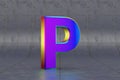 Multicolor 3d letter P uppercase. Glossy iridescent letter on tile background. 3d rendered font character. Royalty Free Stock Photo