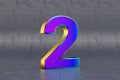 Multicolor 3d number 2. Glossy iridescent number on tile background. 3d rendered font character. Royalty Free Stock Photo