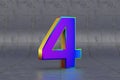 Multicolor 3d number 4. Glossy iridescent number on tile background. 3d rendered font character. Royalty Free Stock Photo