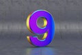 Multicolor 3d number 9. Glossy iridescent number on tile background. 3d rendered font character. Royalty Free Stock Photo
