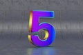 Multicolor 3d number 5. Glossy iridescent number on tile background. 3d rendered font character. Royalty Free Stock Photo