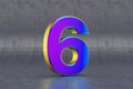 Multicolor 3d number 6. Glossy iridescent number on tile background. 3d rendered font character. Royalty Free Stock Photo