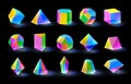 Multicolor diamond crystal shapes. Prism color glass prism different volumetric figures. Triangular, polygonal, and