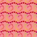 Multicolor dots forming a heart shape and lines of small red hearts, a seamless romantic pattern on a pink background