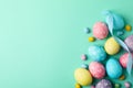 Multicolor Easter eggs and ribbon on background, space for text Royalty Free Stock Photo