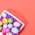 Multicolor eggs in a white tray. Creative Easter concept. Modern solid pink background. . Living coral theme - color of the year Royalty Free Stock Photo