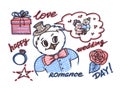 Multicolor felt pen cartoon Wedding set with Owls in line art style on white background. Pink and blue the groom dreams
