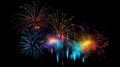 Multicolor fireworks explosion in night black sky.