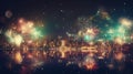 Multicolor fireworks explosion in night sky. Defocused night city.