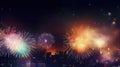 Multicolor fireworks explosion in night sky. Defocused night city.