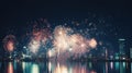 Multicolor fireworks explosion in night sky. Defocused night city.