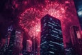 Multicolor fireworks over skyrise building. New year. By generative Ai Royalty Free Stock Photo