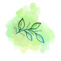 Multicolor line art Leave on watercolor green blot. Linear hand drawing Leaf on white background