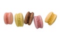 Multicolor French almond macarons isolated on white background