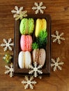 Multicolor French macaroons sweet Christmas present Royalty Free Stock Photo