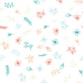 Multicolor hand drawing floral pattern on white background. Colored branches, blooming flowers, foliage plants hand