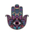 Multicolor hand drawn illustration of a hamsa hand symbol. Hand of Fatima religious sign with all seeing eye. Vintage boho style.