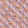 Multicolor hand drawn seamless pattern with eyes and drops. Light purple backgrouns with colorful drops, beige circles and maroon