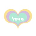 Multicolor heart shape with the word `love`. Sixties style. Pastel colors. Vector illustration, flat design